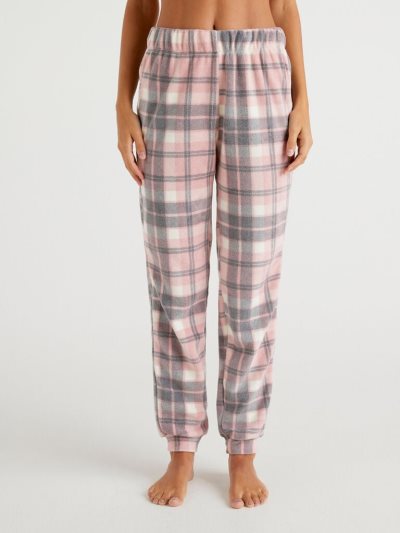 Women's Benetton Check Warm Fleece Trousers Soft Pink | NZ854742