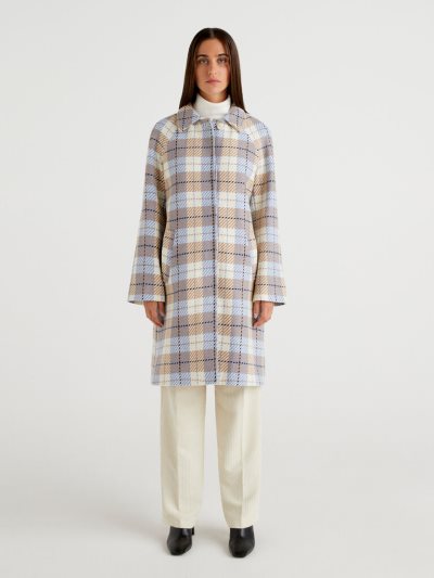 Women's Benetton Check Wool Cloth Coats Light Blue | NZ310487