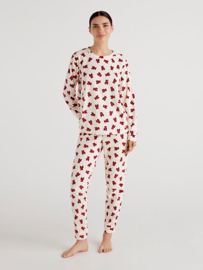 Women's Benetton Chenille Teddy Bear Print Matching Sets Creamy White | NZ974794
