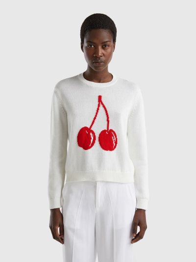 Women's Benetton Cherry Inlay Crew Neck Sweaters White | NZ207864