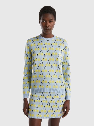 Women's Benetton Cherry Pattern Crew Neck Sweaters Light Blue | NZ395786