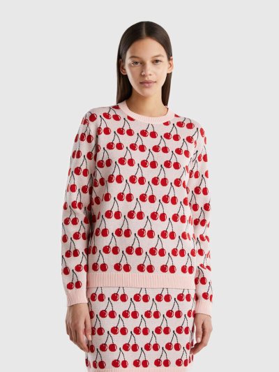 Women's Benetton Cherry Pattern Crew Neck Sweaters Pink | NZ567703