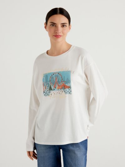 Women's Benetton Christmas Print Short Sleeve T-shirts Creamy White | NZ198587