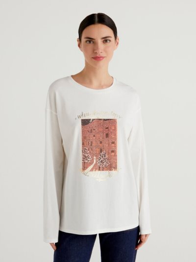 Women's Benetton Christmas Print Short Sleeve T-shirts White | NZ497028