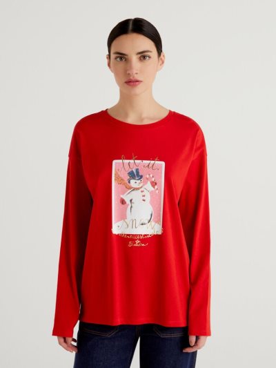 Women's Benetton Christmas Print Short Sleeve T-shirts Red | NZ602634