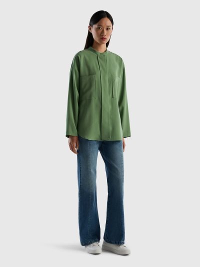 Women's Benetton Comfort Fit Pockets Shirts Green | NZ046485