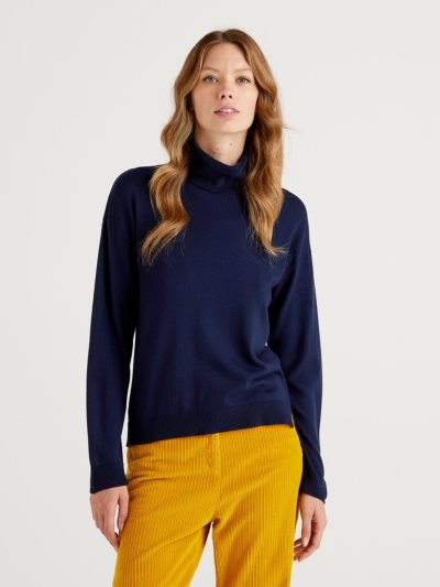 Women's Benetton Cotton And Modal® Turtleneck High Neck Sweaters Dark Blue | NZ395279
