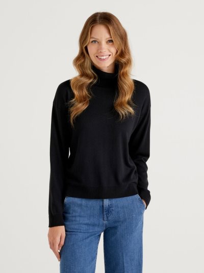 Women's Benetton Cotton And Modal® Turtleneck High Neck Sweaters Black | NZ955691