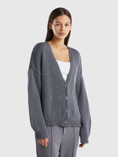 Women's Benetton Cotton Blend Cardigan Grey | NZ649776
