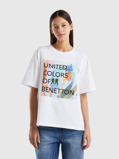 Women's Benetton Cotton Logo Print Short Sleeve T-shirts White | NZ423613