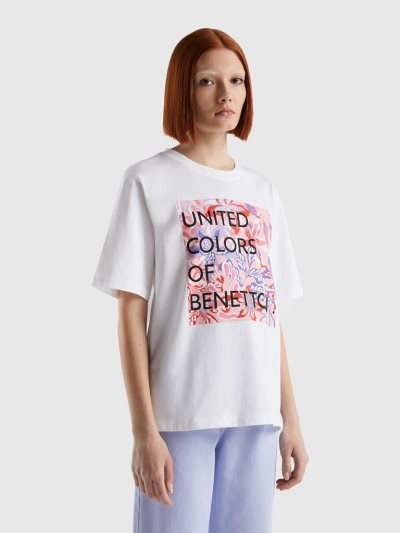 Women's Benetton Cotton Logo Print Short Sleeve T-shirts White | NZ948434