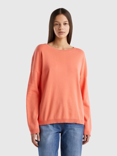 Women's Benetton Cotton Round Neck Sweaters Orange | NZ064843