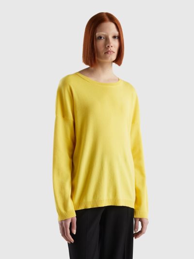 Women's Benetton Cotton Round Neck Sweaters Yellow | NZ188774