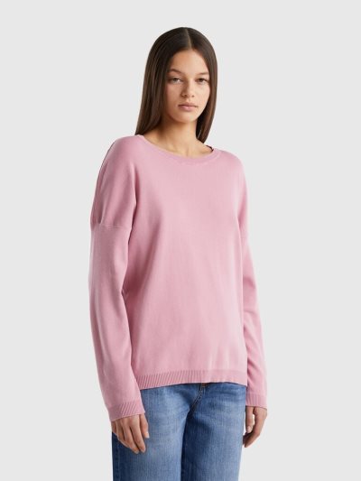 Women's Benetton Cotton Round Neck Sweaters Pink | NZ337810