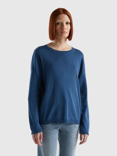 Women's Benetton Cotton Round Neck Sweaters Blue | NZ532904