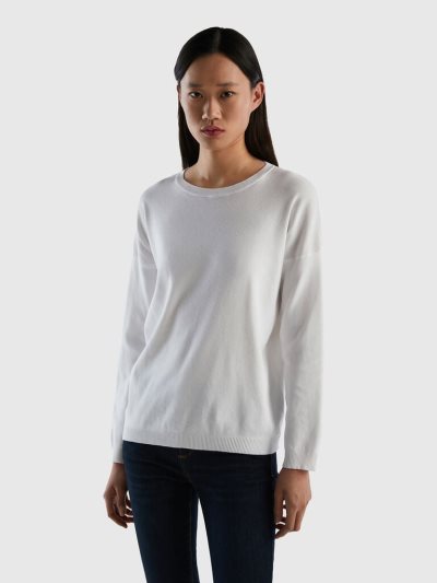 Women's Benetton Cotton Round Neck Sweaters White | NZ828780