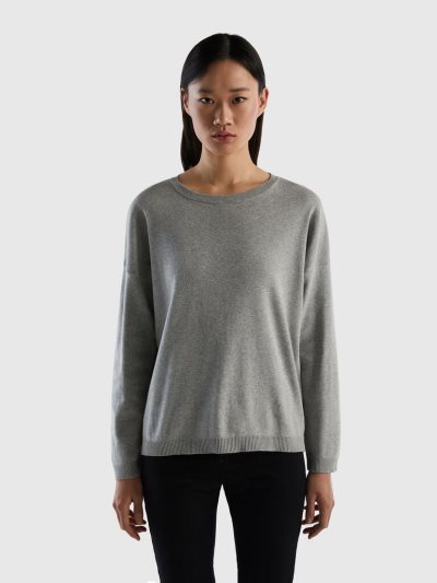 Women's Benetton Cotton Round Neck Sweaters Light Grey | NZ847530
