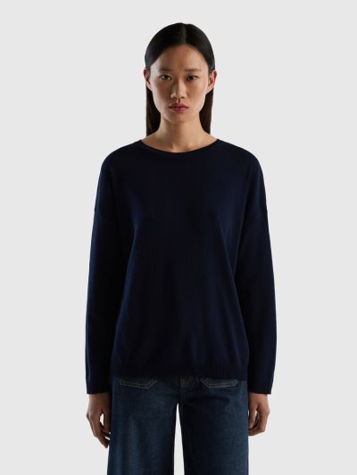 Women's Benetton Cotton Round Neck Sweaters Dark Blue | NZ879601