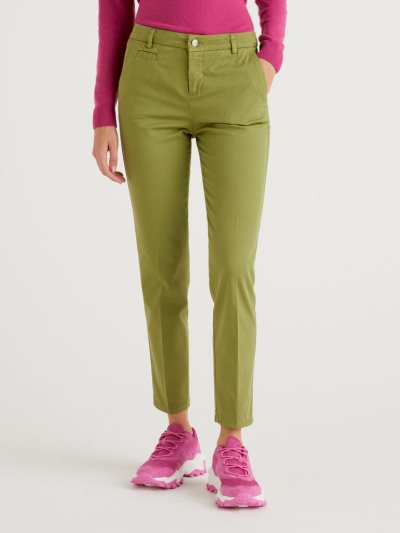 Women's Benetton Cotton Slim Fit Chinos Military Green | NZ633084