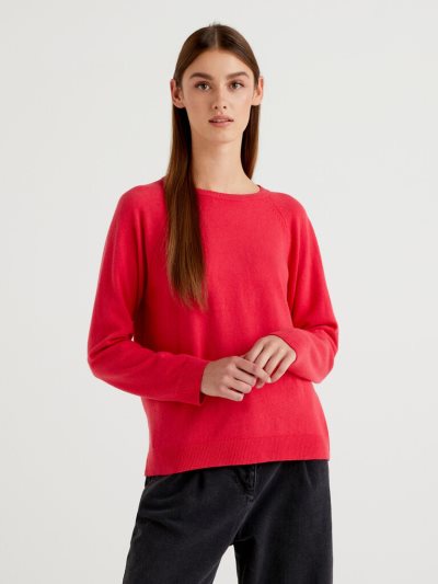 Women's Benetton Crew Neck Cashmere And Wool Blend Sweaters Strawberry | NZ334890