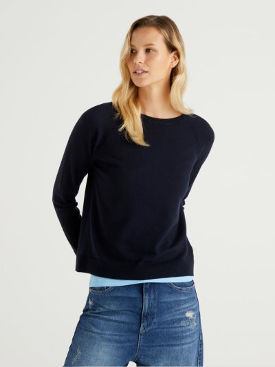 Women's Benetton Crew Neck Cashmere And Wool Blend Sweaters Dark Blue | NZ389795