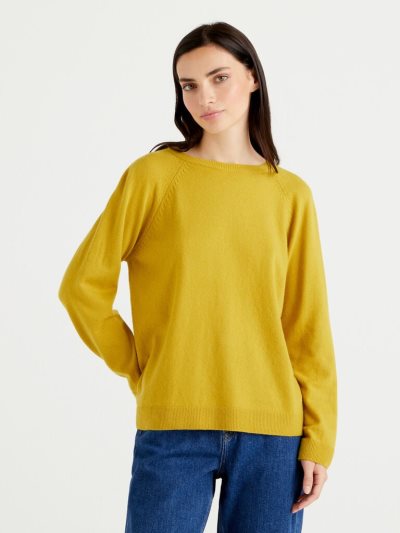 Women's Benetton Crew Neck Cashmere And Wool Blend Sweaters Yellow | NZ413369