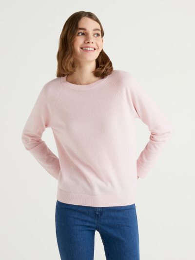 Women's Benetton Crew Neck Cashmere And Wool Blend Sweaters Pink | NZ439114