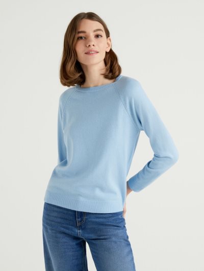 Women's Benetton Crew Neck Cashmere And Wool Blend Sweaters Light Blue | NZ925111