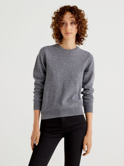 Women's Benetton Crew Neck Merino Wool Sweaters Grey | NZ089142