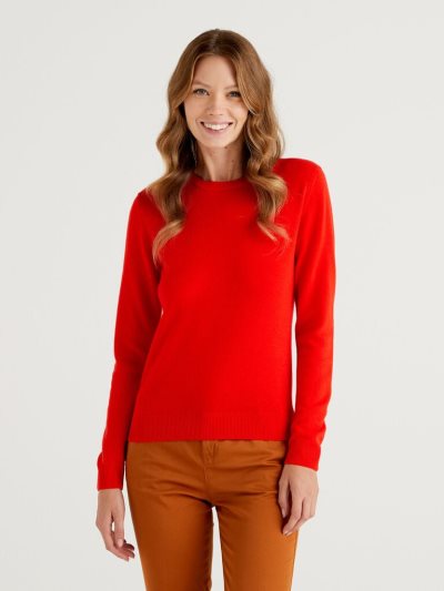 Women's Benetton Crew Neck Merino Wool Sweaters Coral Red | NZ163502