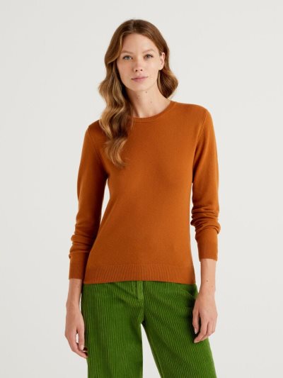 Women's Benetton Crew Neck Merino Wool Sweaters Brown | NZ619653