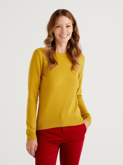 Women's Benetton Crew Neck Merino Wool Sweaters Mustard | NZ715350