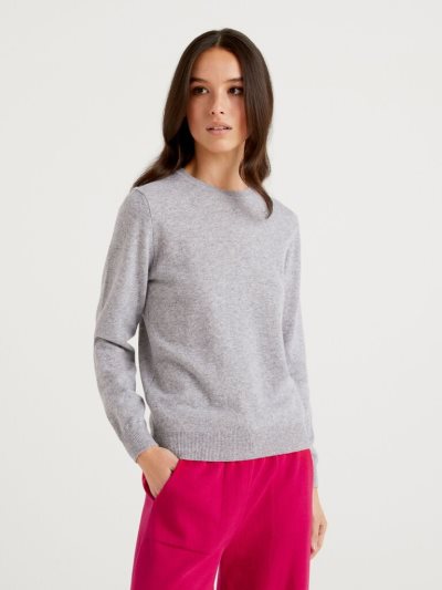 Women's Benetton Crew Neck Merino Wool Sweaters Light Grey | NZ795777