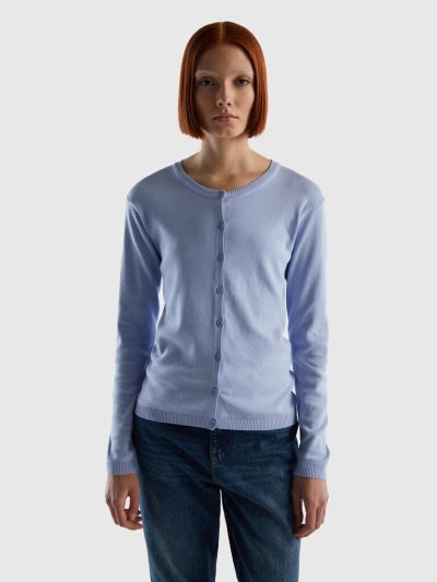 Women's Benetton Crew Neck Pure Cotton Cardigan Lavender | NZ014539