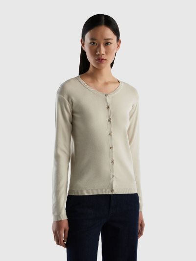Women's Benetton Crew Neck Pure Cotton Cardigan Beige | NZ060114