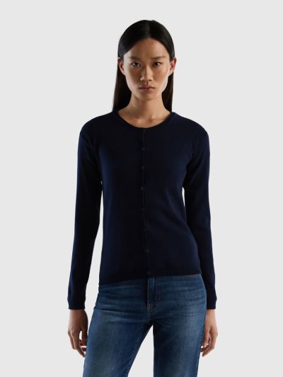Women's Benetton Crew Neck Pure Cotton Cardigan Dark Blue | NZ095792