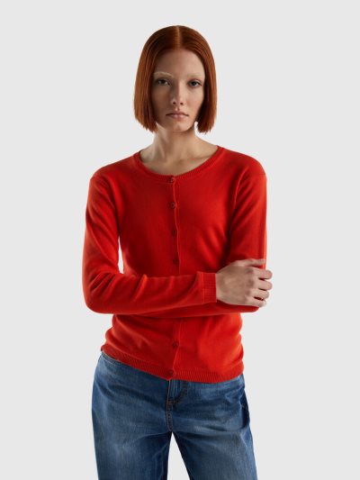 Women's Benetton Crew Neck Pure Cotton Cardigan Red | NZ443404