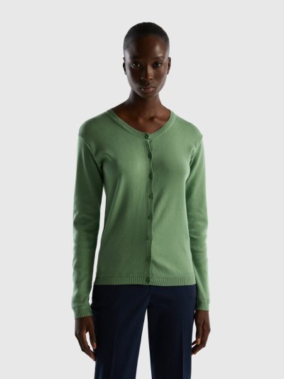 Women's Benetton Crew Neck Pure Cotton Cardigan Green | NZ445506