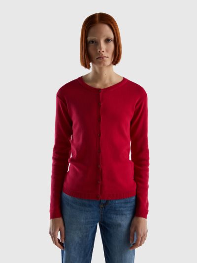 Women's Benetton Crew Neck Pure Cotton Cardigan Fuchsia | NZ643943