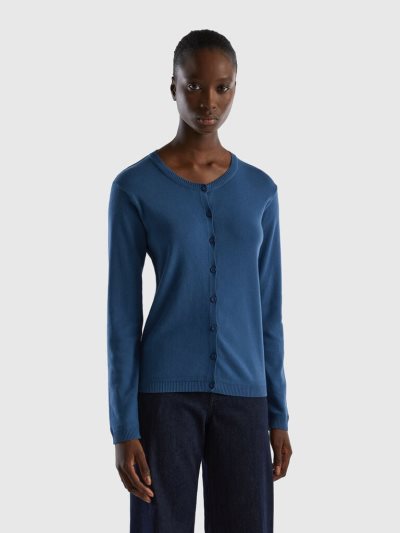 Women's Benetton Crew Neck Pure Cotton Cardigan Blue | NZ671110