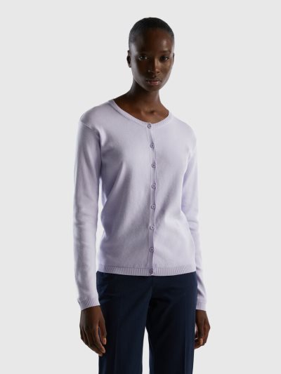 Women's Benetton Crew Neck Pure Cotton Cardigan Lilac | NZ742392
