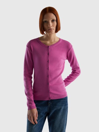 Women's Benetton Crew Neck Pure Cotton Cardigan Pink | NZ872373