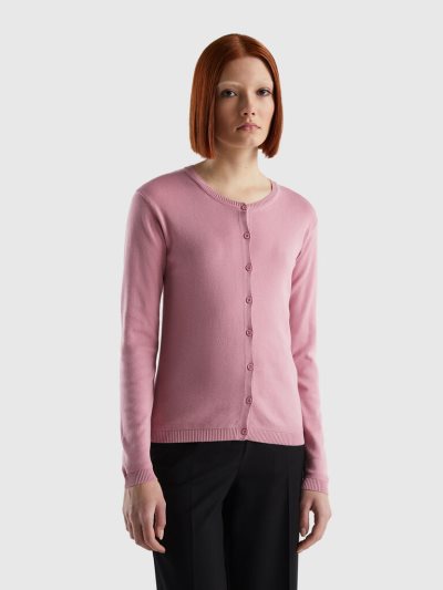 Women's Benetton Crew Neck Pure Cotton Cardigan Pink | NZ951415