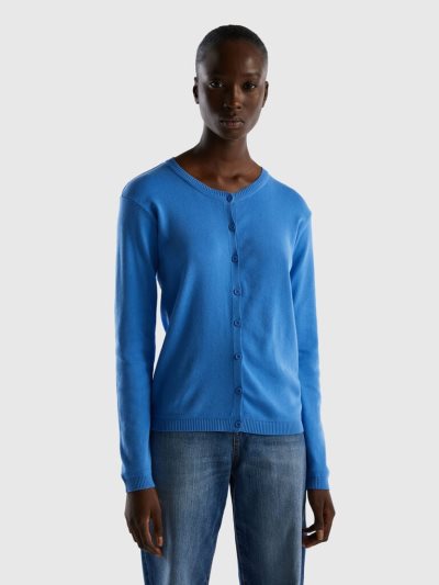 Women's Benetton Crew Neck Pure Cotton Cardigan Light Blue | NZ951532