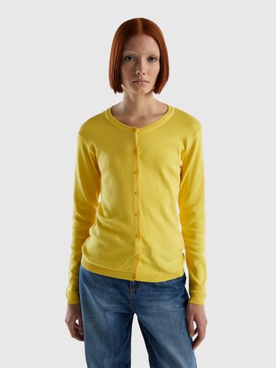 Women's Benetton Crew Neck Pure Cotton Cardigan Yellow | NZ981091