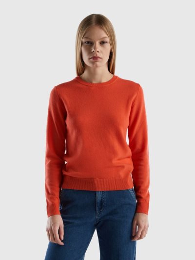 Women's Benetton Crew Neck Pure Merino Wool Sweaters Coral | NZ018403