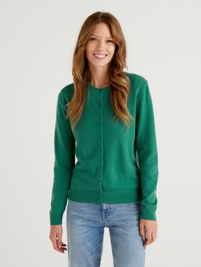 Women's Benetton Crew Neck Pure Merino Wool Cardigan Dark Green | NZ073698