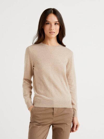 Women's Benetton Crew Neck Pure Merino Wool Sweaters Beige | NZ115583