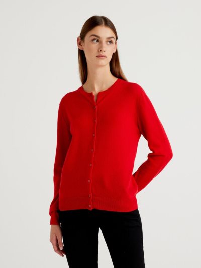 Women's Benetton Crew Neck Pure Merino Wool Cardigan Red | NZ170554