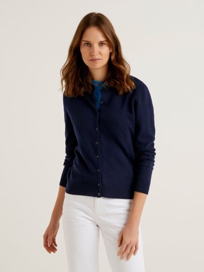 Women's Benetton Crew Neck Pure Merino Wool Cardigan Dark Blue | NZ250659